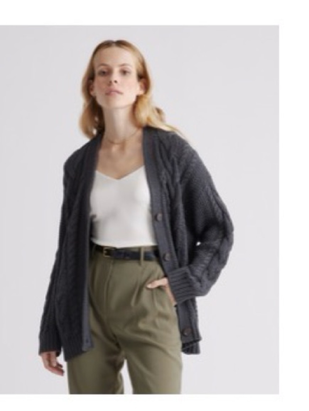 Quince Charcoal Cable-Knit Button Cardigan